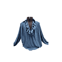 Blue Linen Shirt w/Ruffle Front